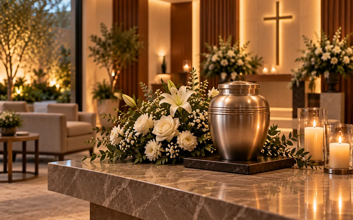 Urna memorial com flores em ambiente reservado