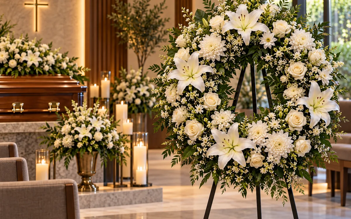 Coroa floral branca preparada para homenagem